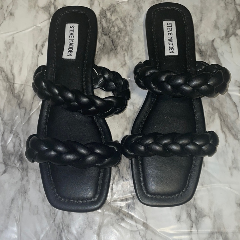 Steve MaddenWomens Black Double Band Braided Persia Square Toe Slip On